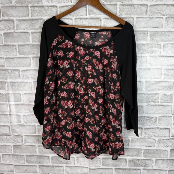 Torrid Primary Black Pink Floral 3/4 Sleeve Lightweight Rayon Top Womens 2X - Picture 1 of 8